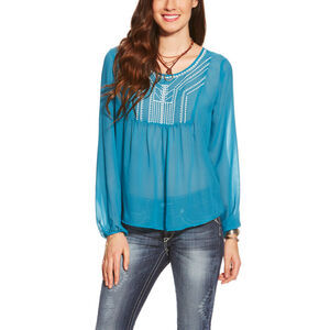 Ariat Molly Blouse Size Medium Sheer Western Wear Cowgirl Embroidered Teal Blue